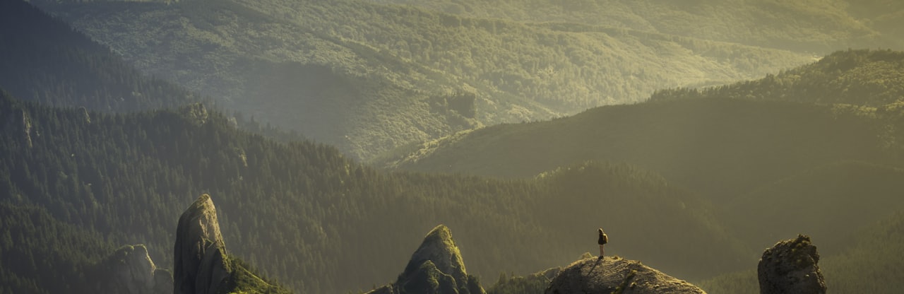 Morning light falling across forested ridgelines.